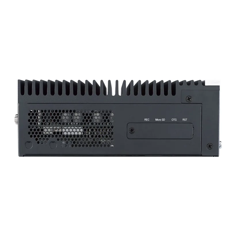 Máy tính AI Advantech MIC-713-ON vỏ đen có cánh tản nhiệt phía trên, mặt bên có khe microSD và nút reset