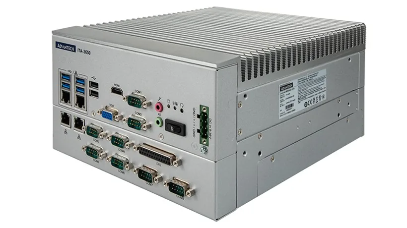 Máy tính công nghiệp không quạt Advantech ITA-3650E vỏ nhôm màu bạc với nhiều cổng COM DB9, cổng LAN, DIO và cầu đấu nguồn DC