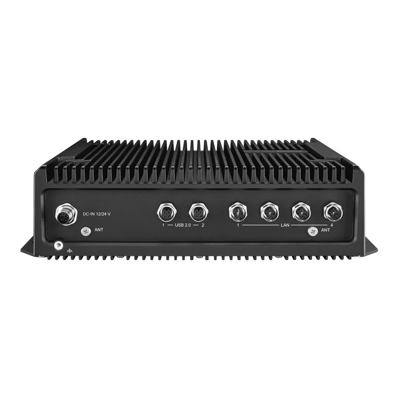 Máy tính gắn xe Advantech TS-207 vỏ nhôm đen có cánh tản nhiệt, mặt trước có cổng nguồn M12 12/24 V, 2 cổng USB và 4 cổng LAN M12