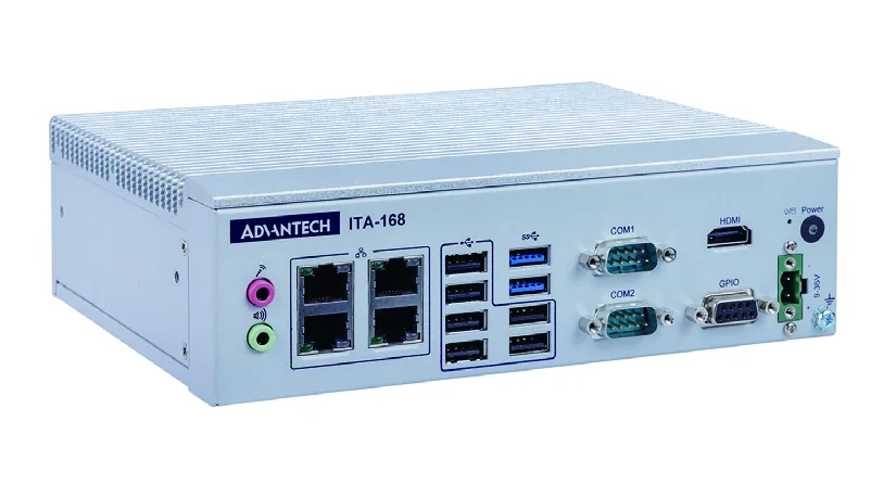Máy tính công nghiệp Advantech ITA-168 vỏ nhôm không quạt, mặt trước có 4 cổng LAN, 8 cổng USB, 2 cổng COM, HDMI và cổng GPIO